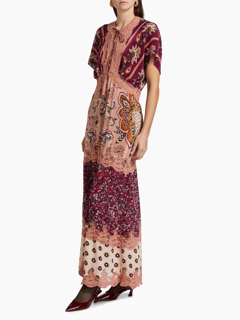 Farm Rio Boho Floral Lace Patchwork Maxi Dress L Tie Neck Accent